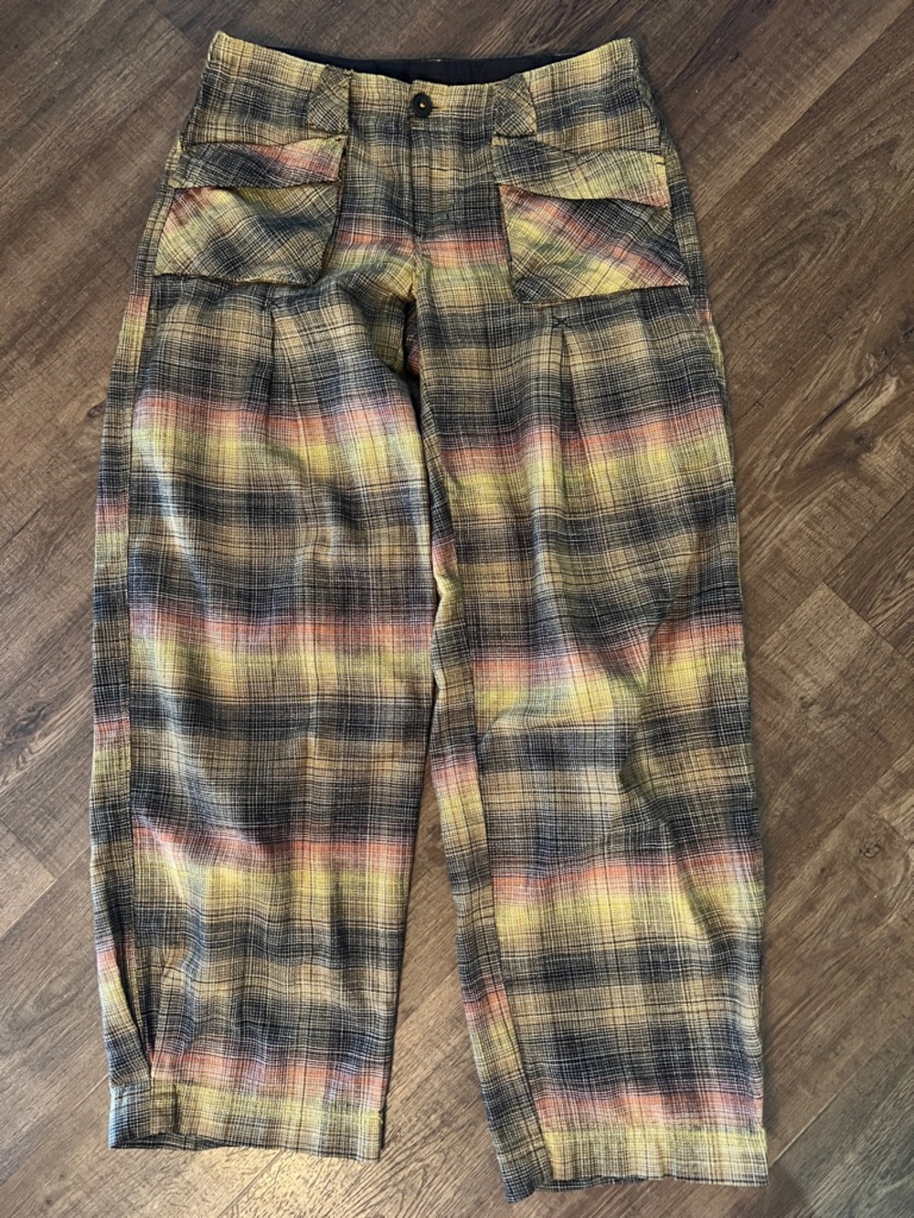 Free People Birch Plaid Pants XS Wide Leg Cargo Boho Trousers 100% Cotton - Picture 2 of 9